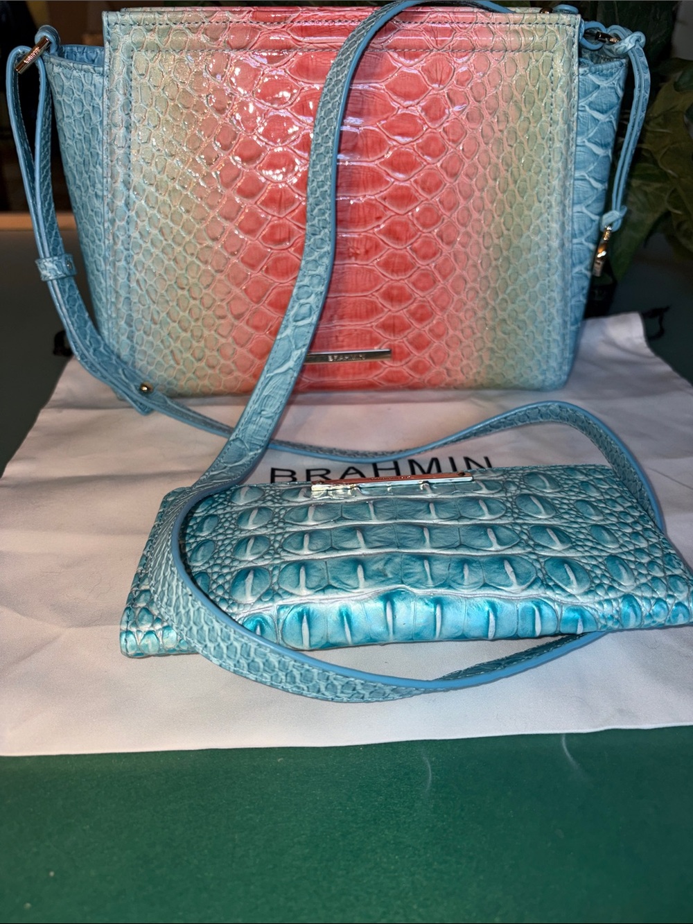 Brahmin Ombre Croc-Embossed Leather Crossbody Bag in Coral & Aqua